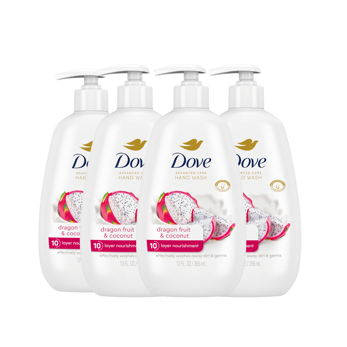 Dove front packaging showing dragon fruit and coconut and nourishing benefit