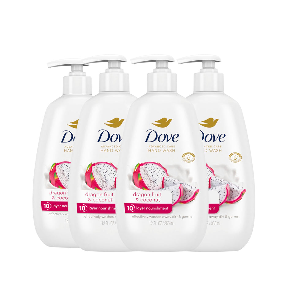 Dove front packaging showing dragon fruit and coconut and nourishing benefit