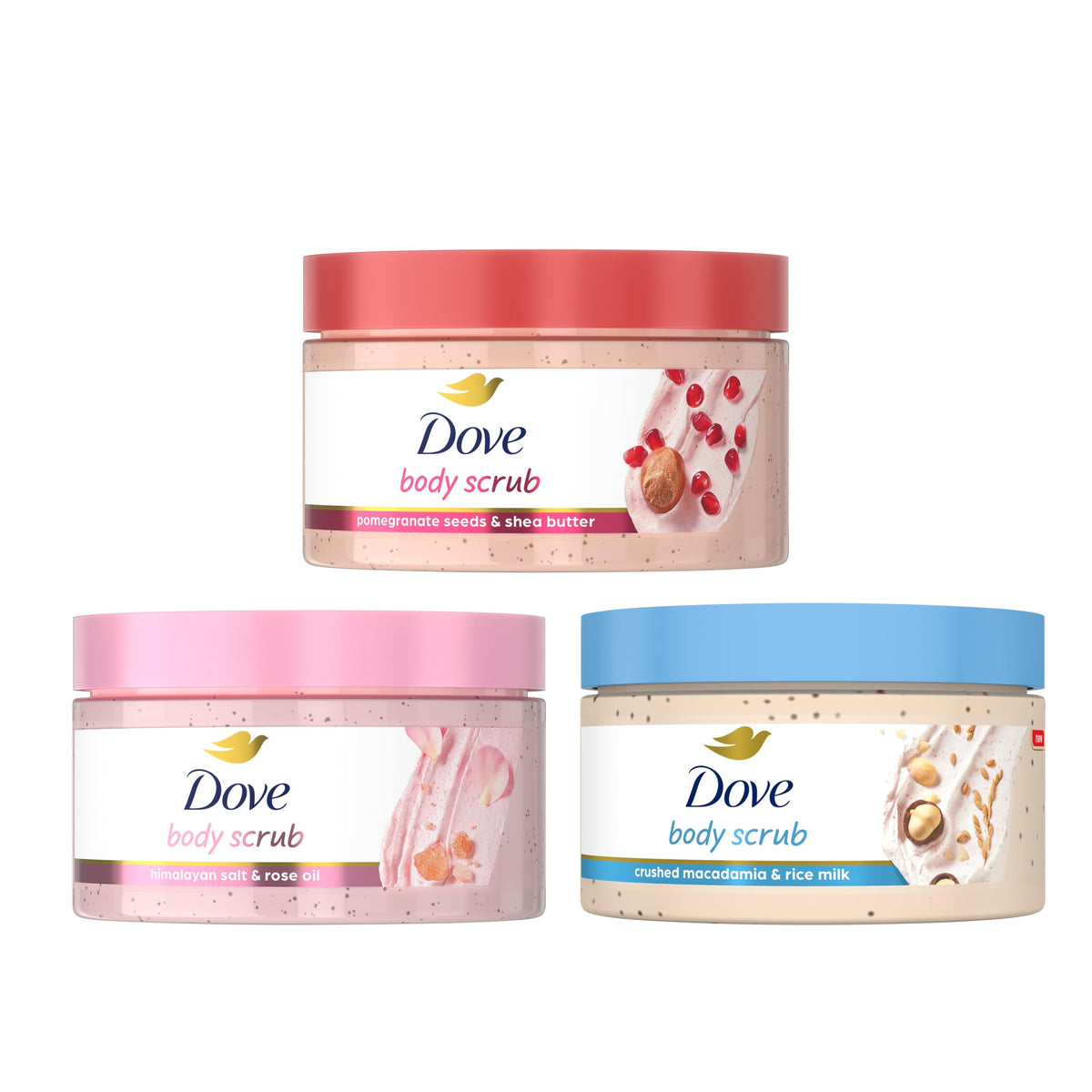 Dove front packaging of mixed body scrub trial pack showing contents and benefit