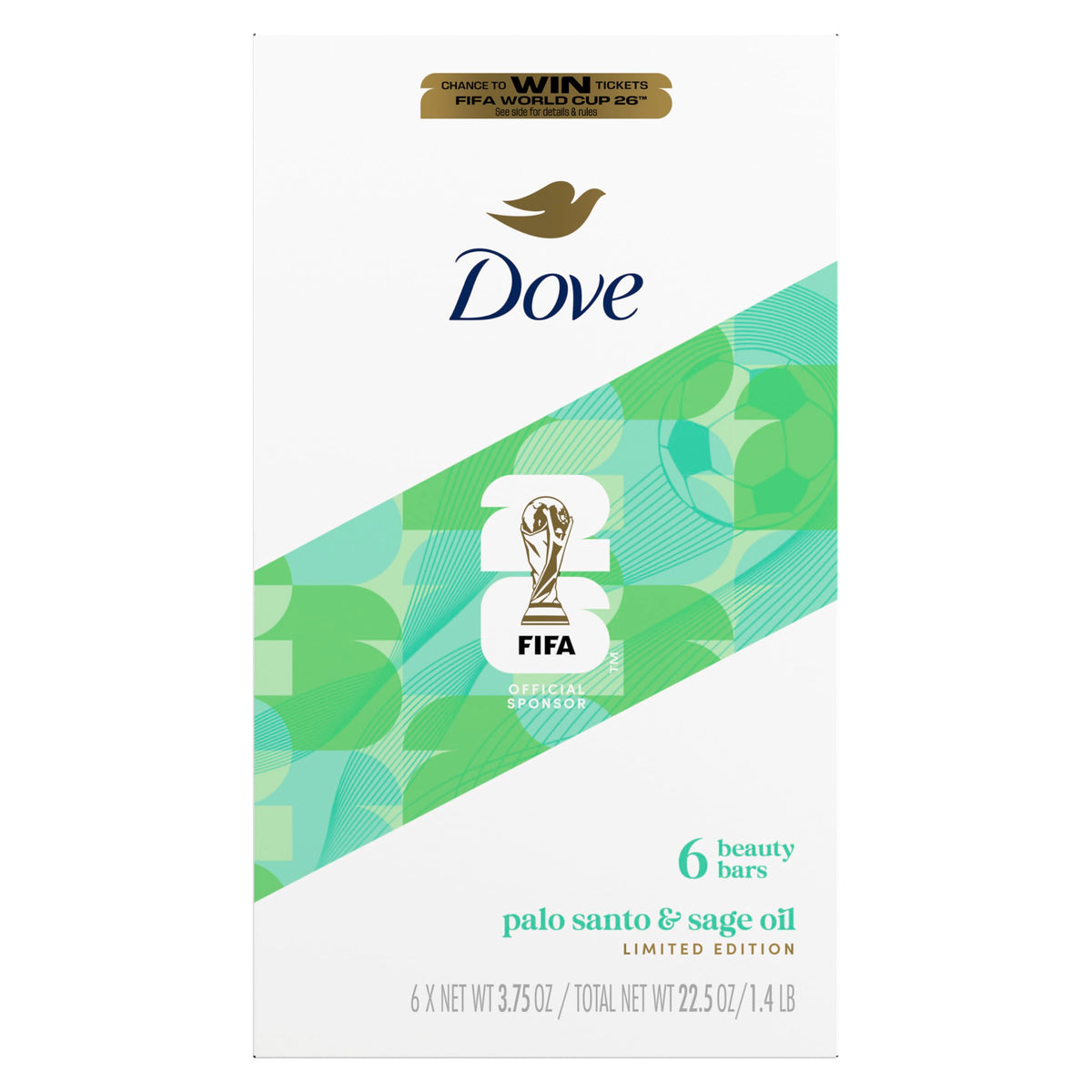 Dove front packaging showing Palo Santo and Sage Oil, calming fragrance benefit