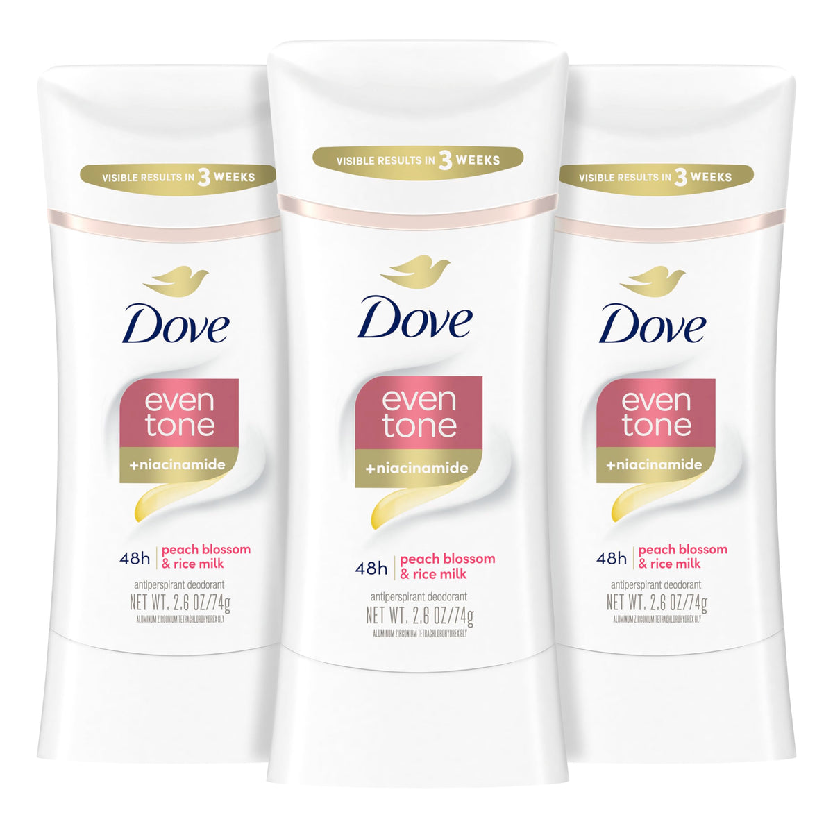 Dove front packaging peach blossom showing three sticks and scent benefit