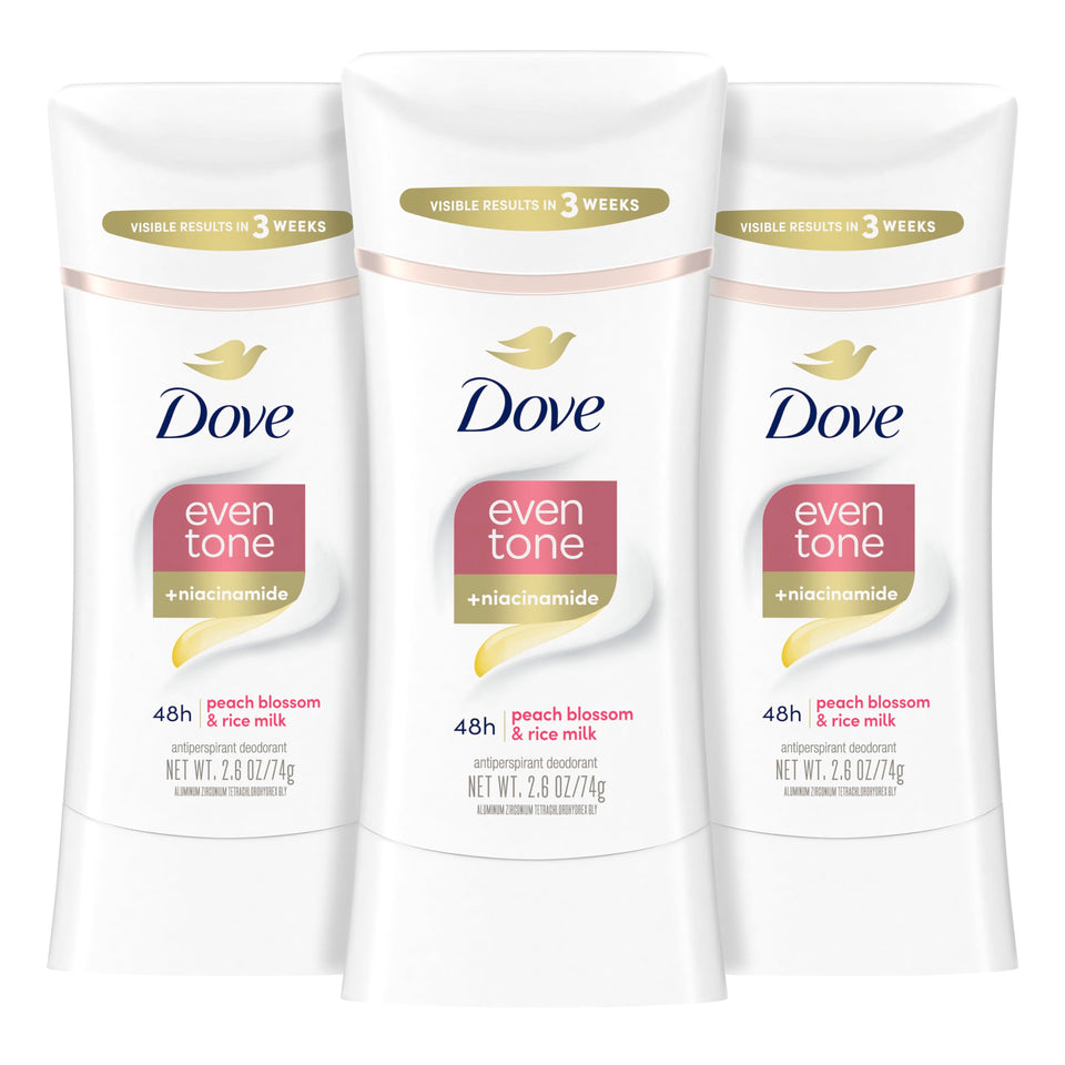 Dove front packaging peach blossom showing three sticks and scent benefit