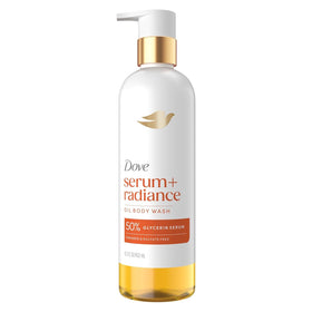 Dove bottle front packaging showing radiance body wash and benefits