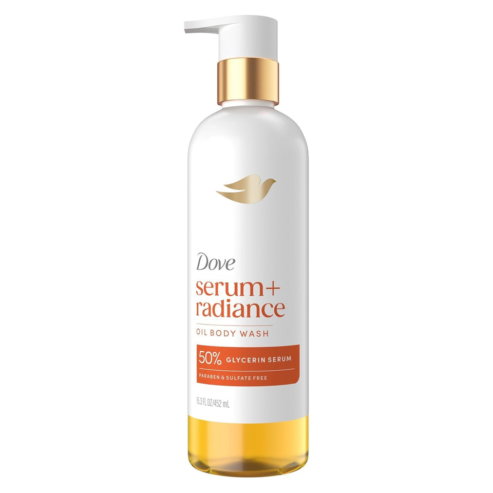Dove bottle front packaging showing radiance body wash and benefits