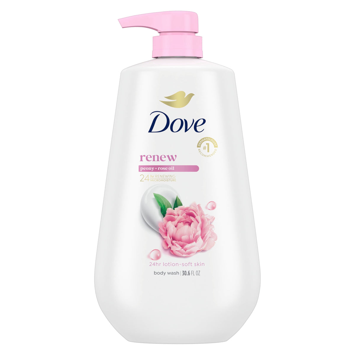 Dove front packaging showing Renew Peony & Rose Oil benefits