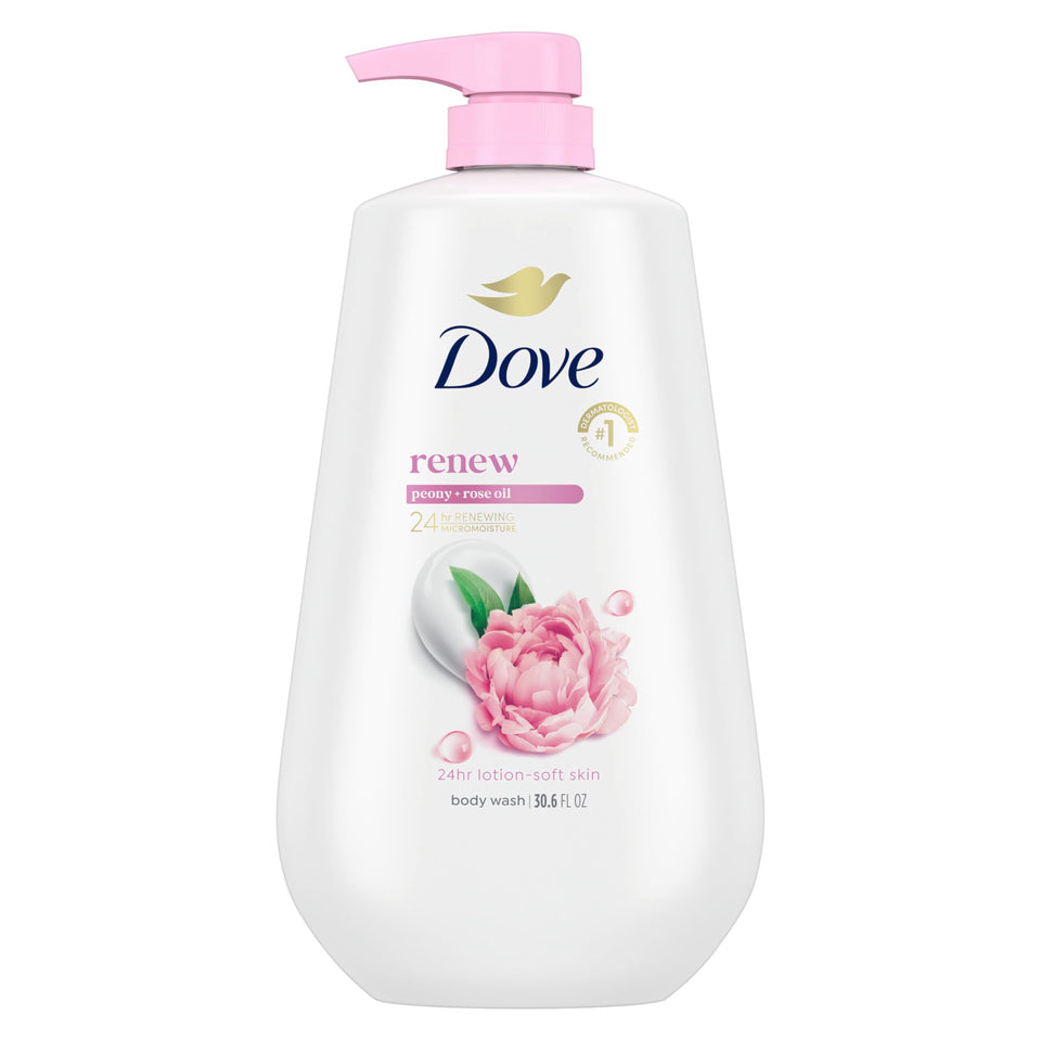 Dove front packaging showing Renew Peony & Rose Oil benefits