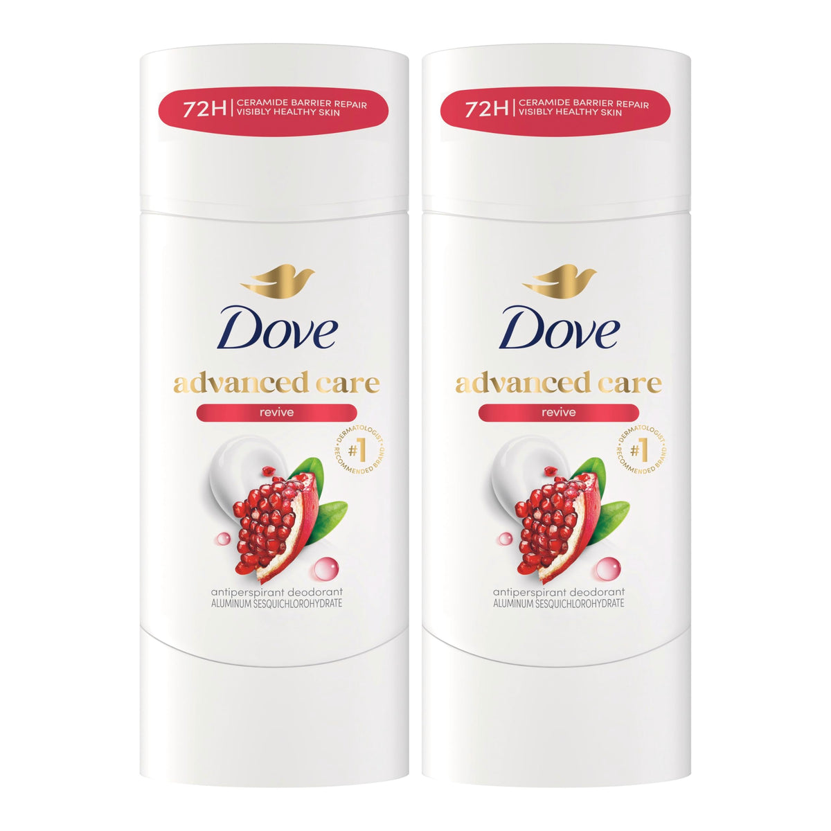 Dove Revive front packaging showing two-stick value pack and benefits