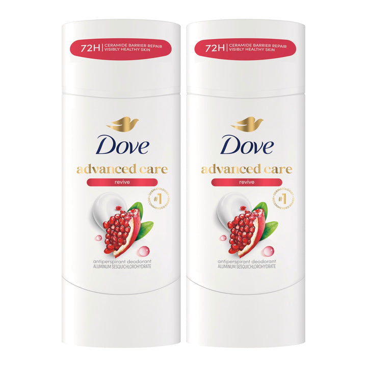 Dove Revive front packaging showing two-stick value pack and benefits