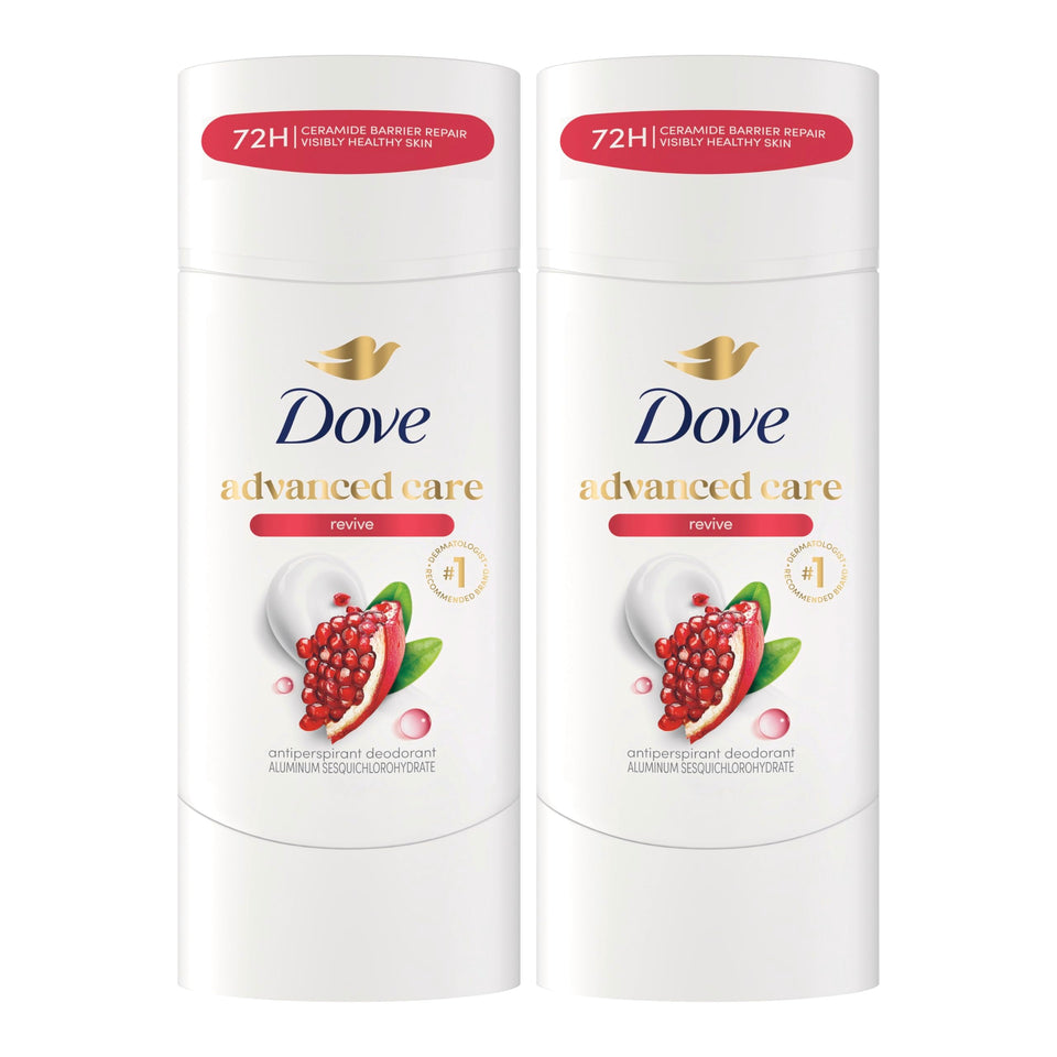 Dove Revive front packaging showing two-stick value pack and benefits