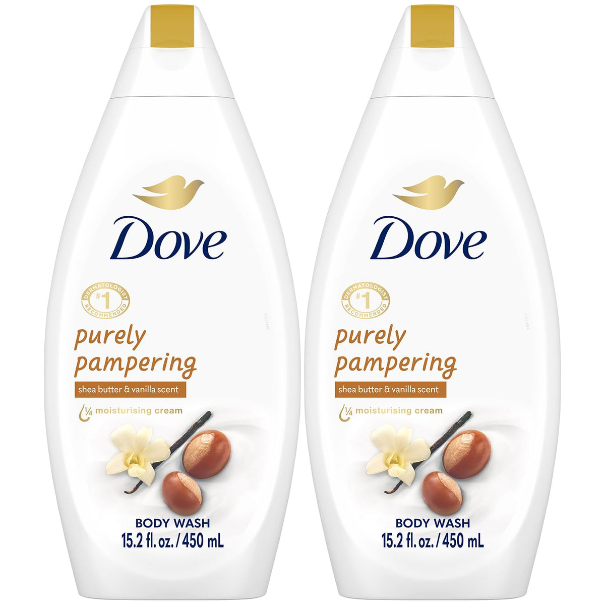 Dove two-bottle front packaging showing product and benefits