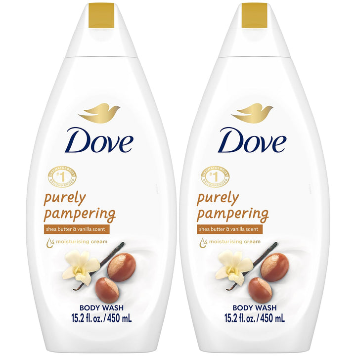 Dove two-bottle front packaging showing product and benefits
