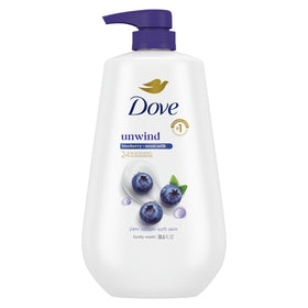 Dove front packaging showing Unwind blueberry and moon milk scent benefits