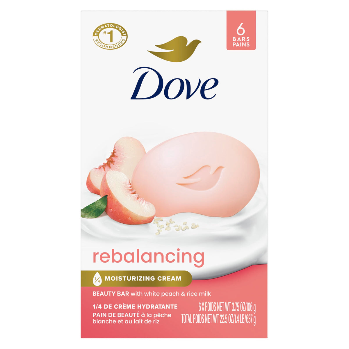Dove front packaging showing white peach and rice milk, highlighting moisturizing benefit