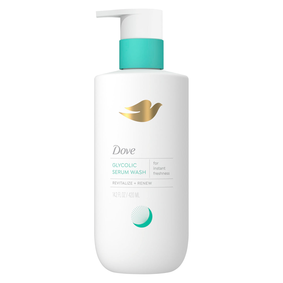 Dove bottle front packaging showing product name and 14.2 oz size, supports gentle exfoliation