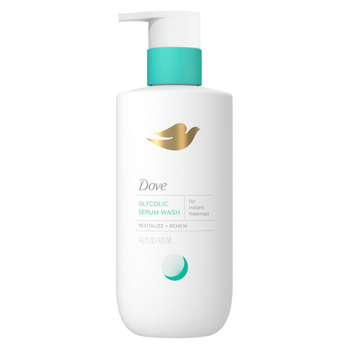 Dove bottle front packaging showing product name and 14.2 oz size, supports gentle exfoliation