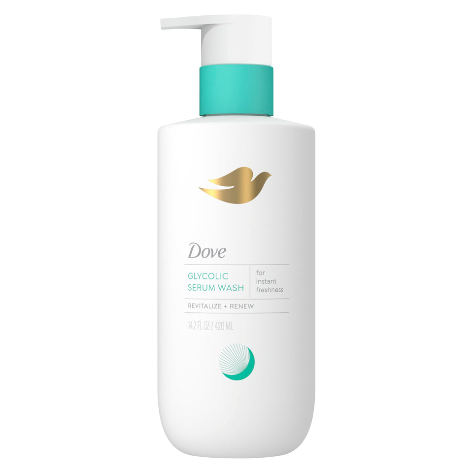 Dove bottle front packaging showing product name and 14.2 oz size, supports gentle exfoliation