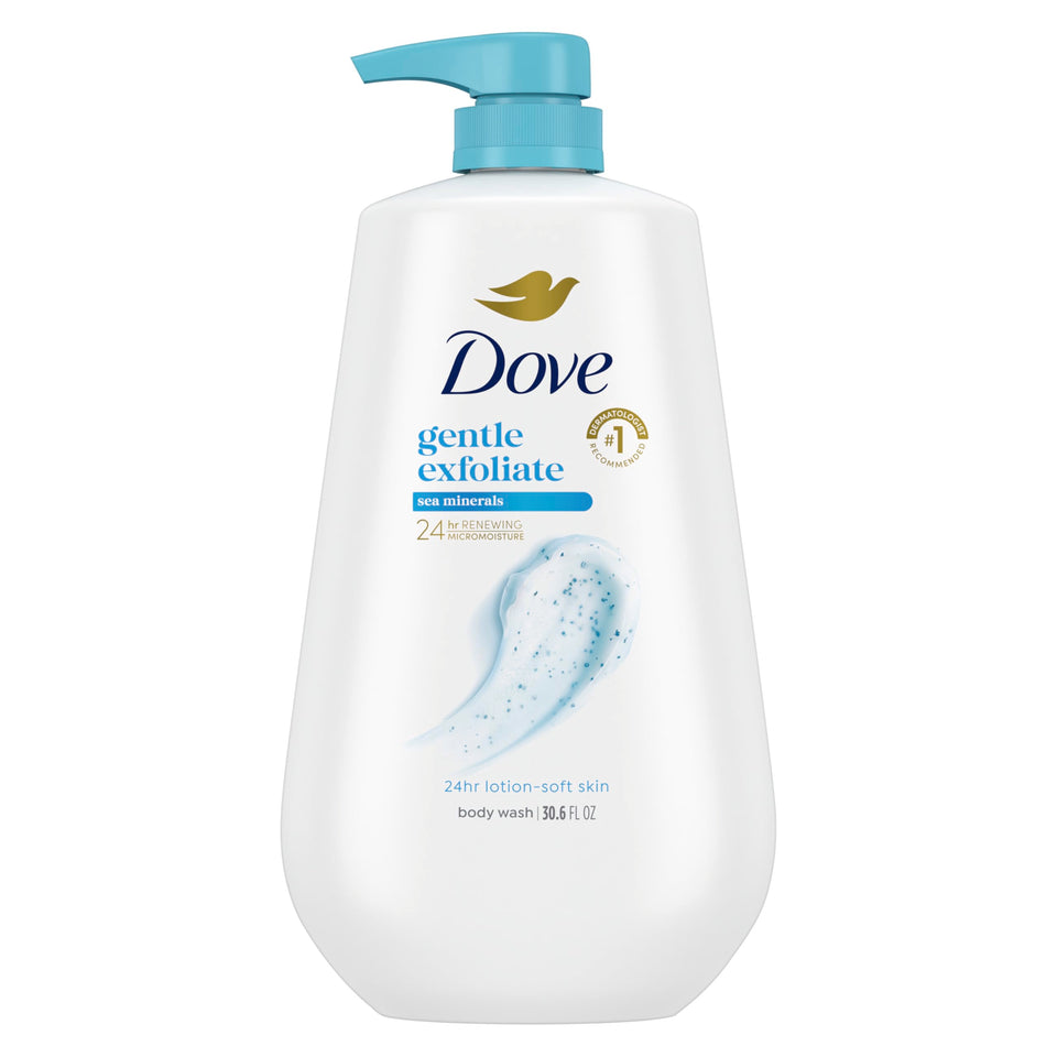 Dove bottle front packaging showing product and benefit of gentle exfoliation