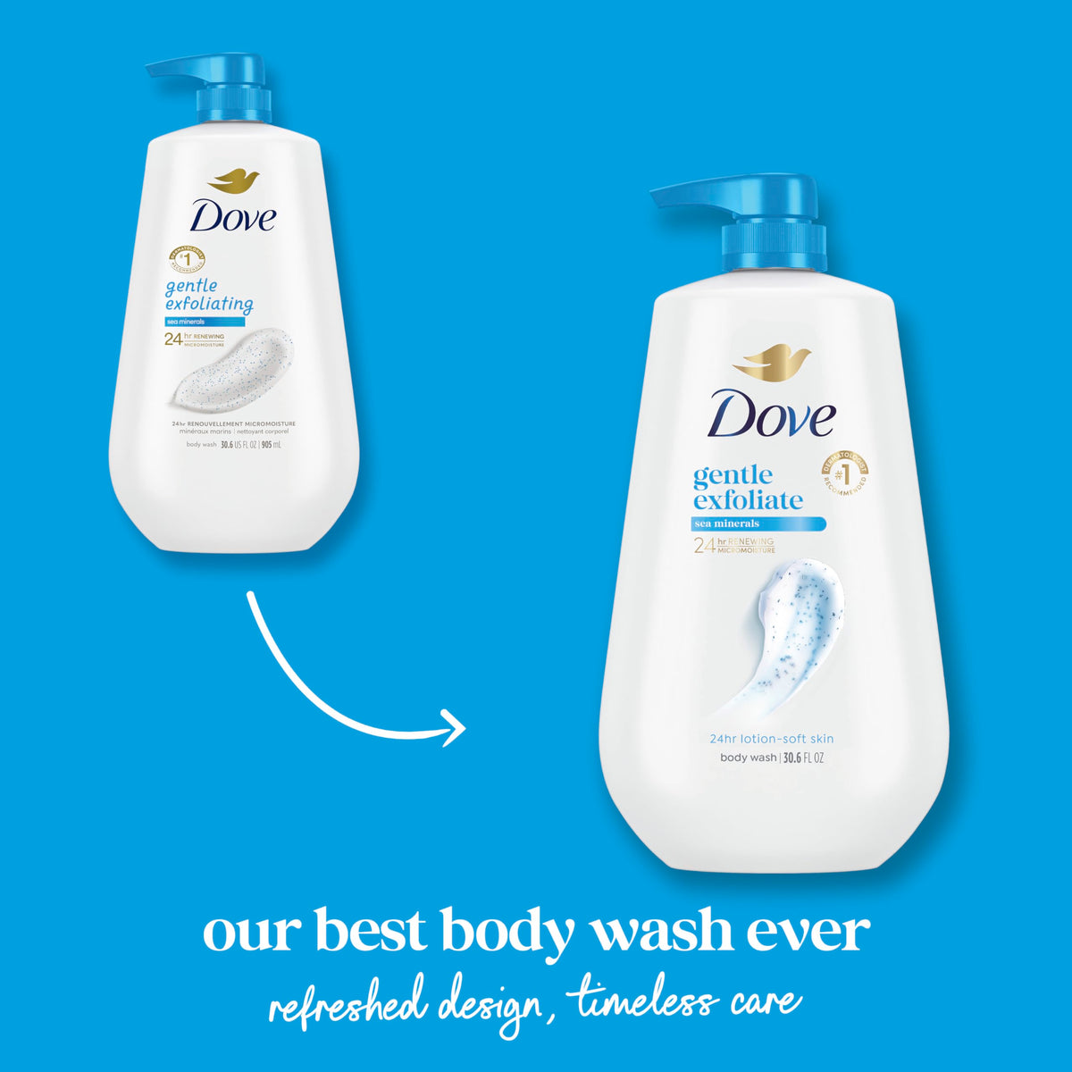 Dove body wash in use on loofah under shower demonstrating smooth results