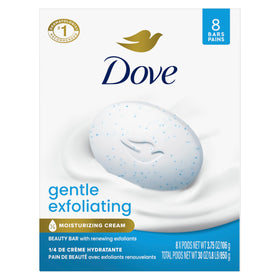 Dove beauty bar front packaging showing 8-count, gentle exfoliation benefit