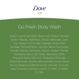 Dove Go Fresh bottle beside cucumber and green tea emphasizing fresh scent