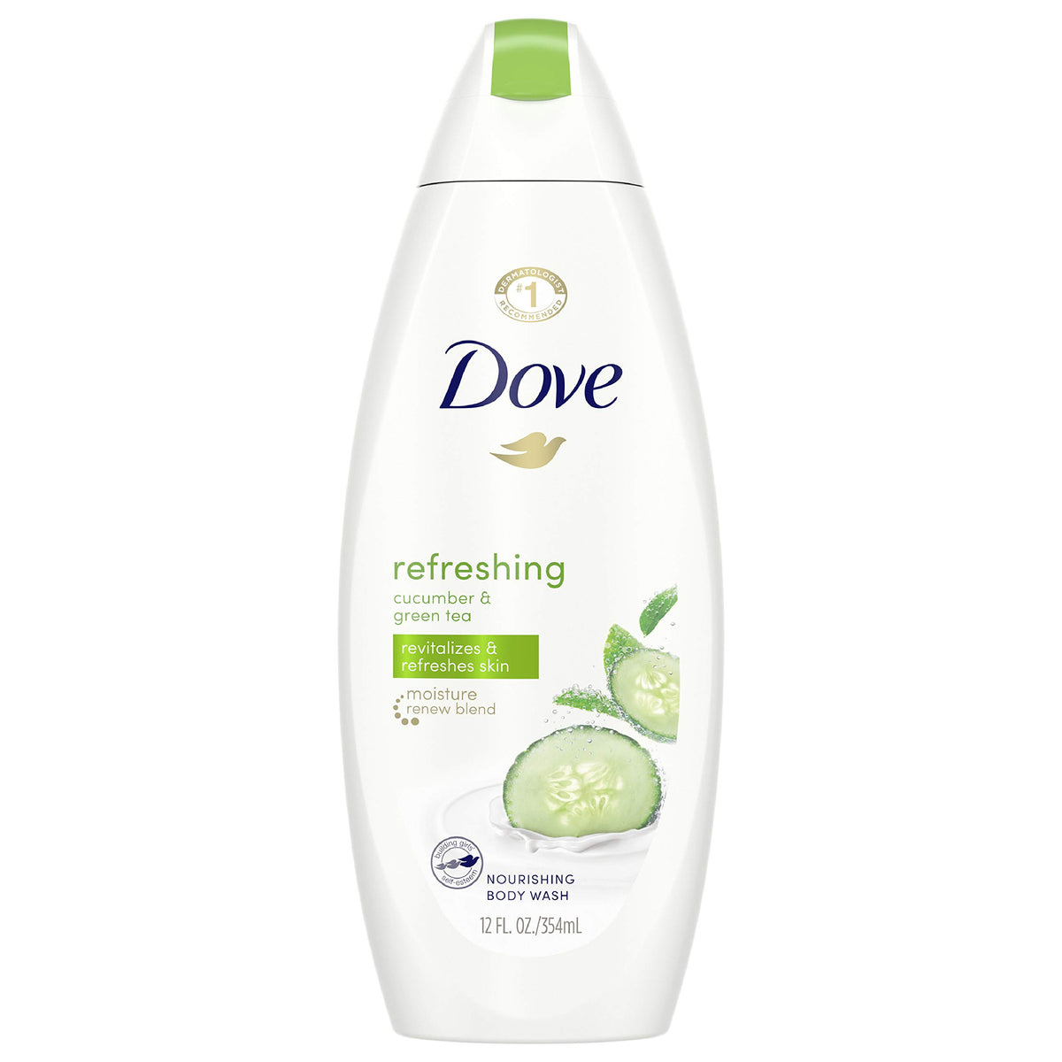 Dove bottle front view showing cucumber scent and refreshing benefit