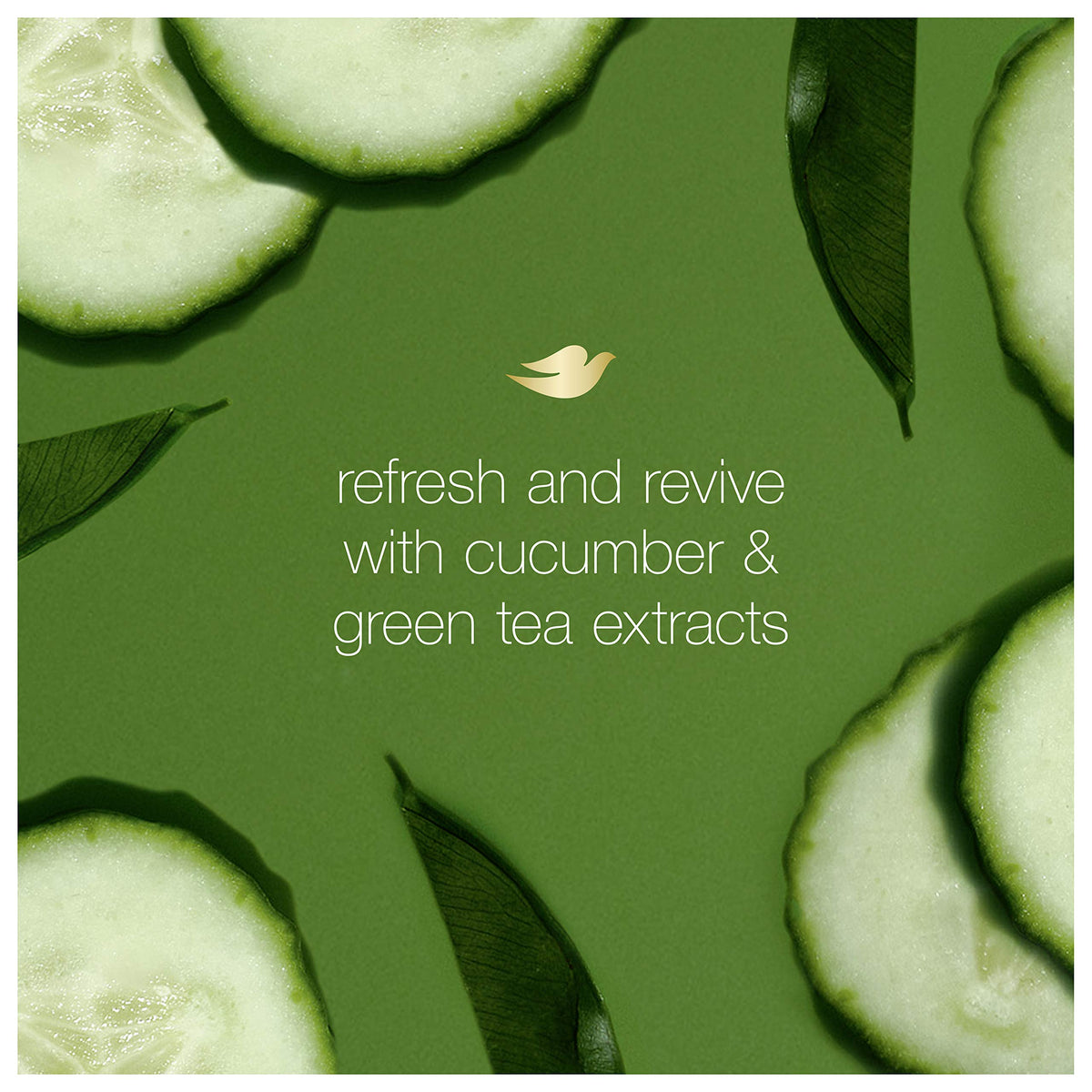 Cucumber and green tea extracts beside Dove bottle highlighting natural freshness