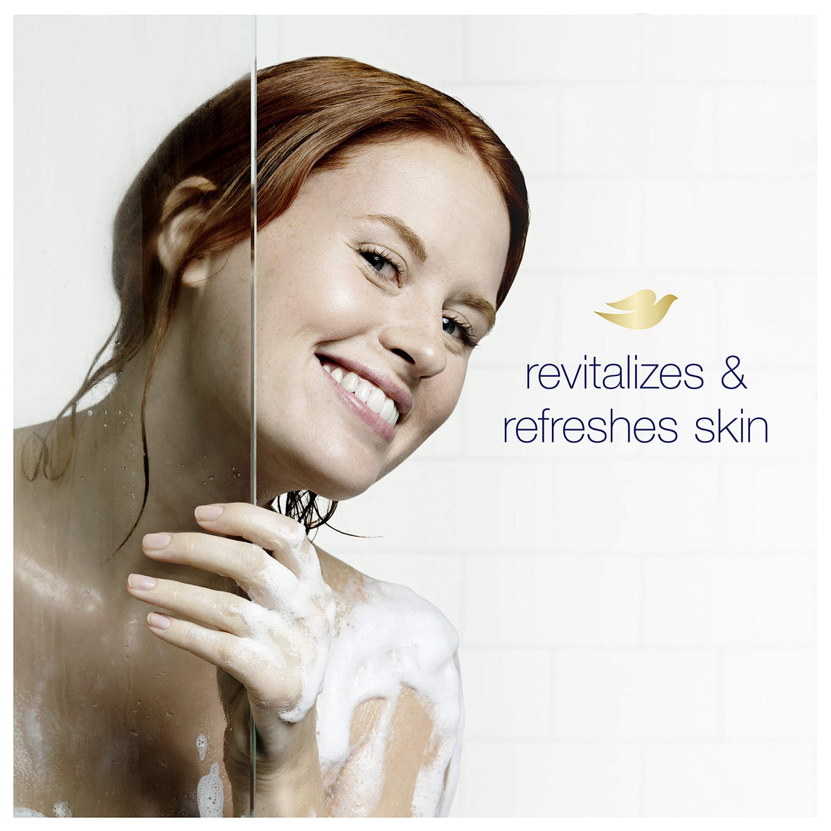 Person using Dove in shower to illustrate revitalizing morning routine benefit