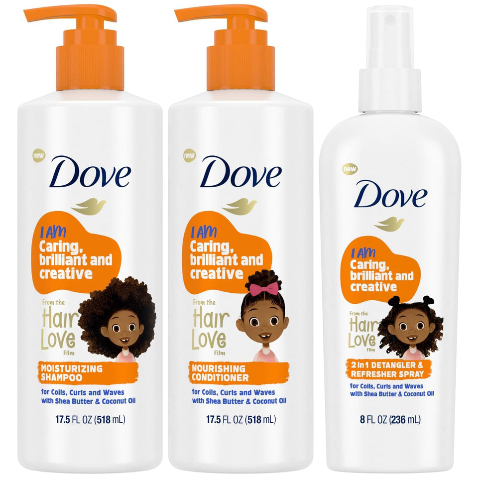 Dove front packaging showing set and Hair Love character, promoting confidence