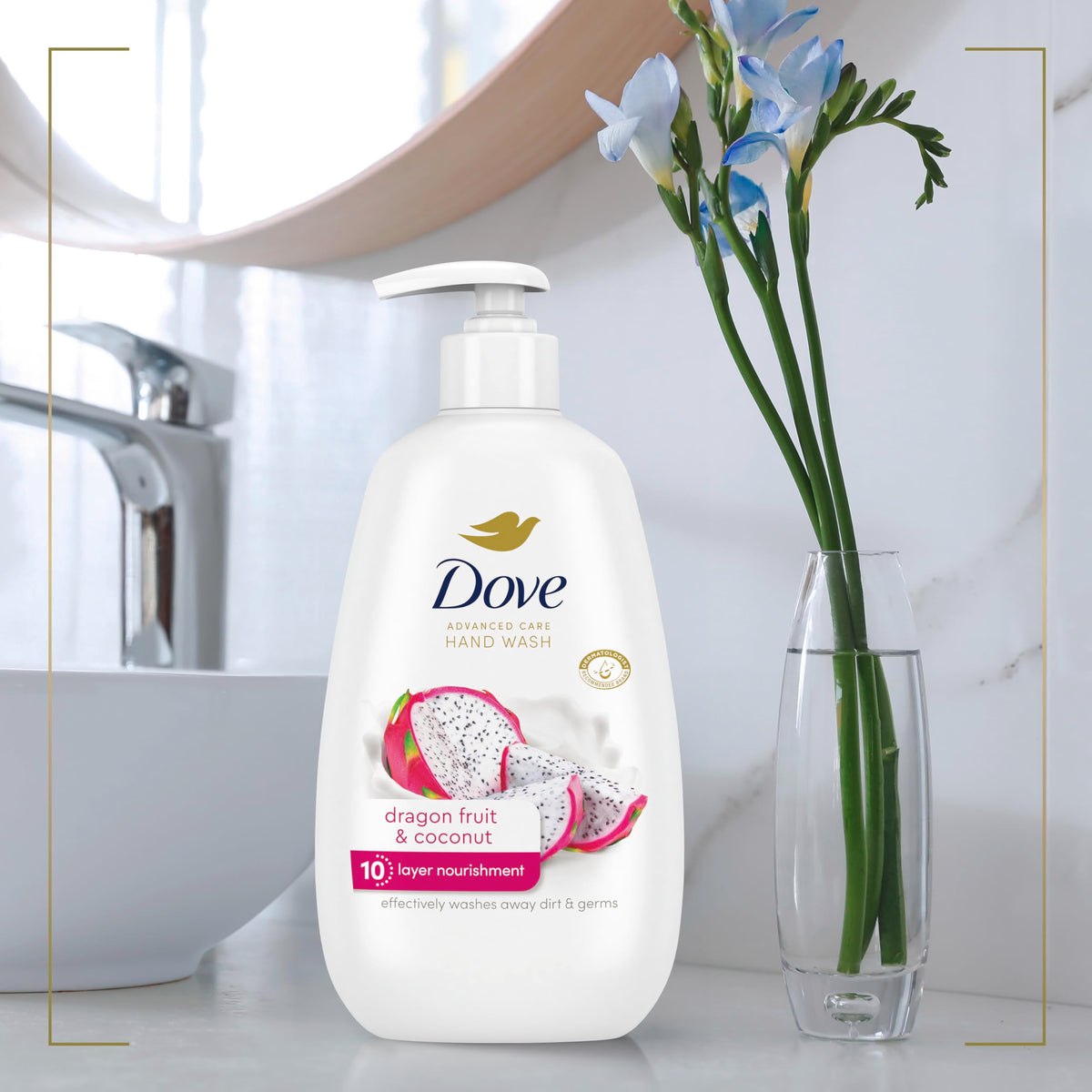Dove hand wash in use at kitchen sink showing effective cleaning and comfort