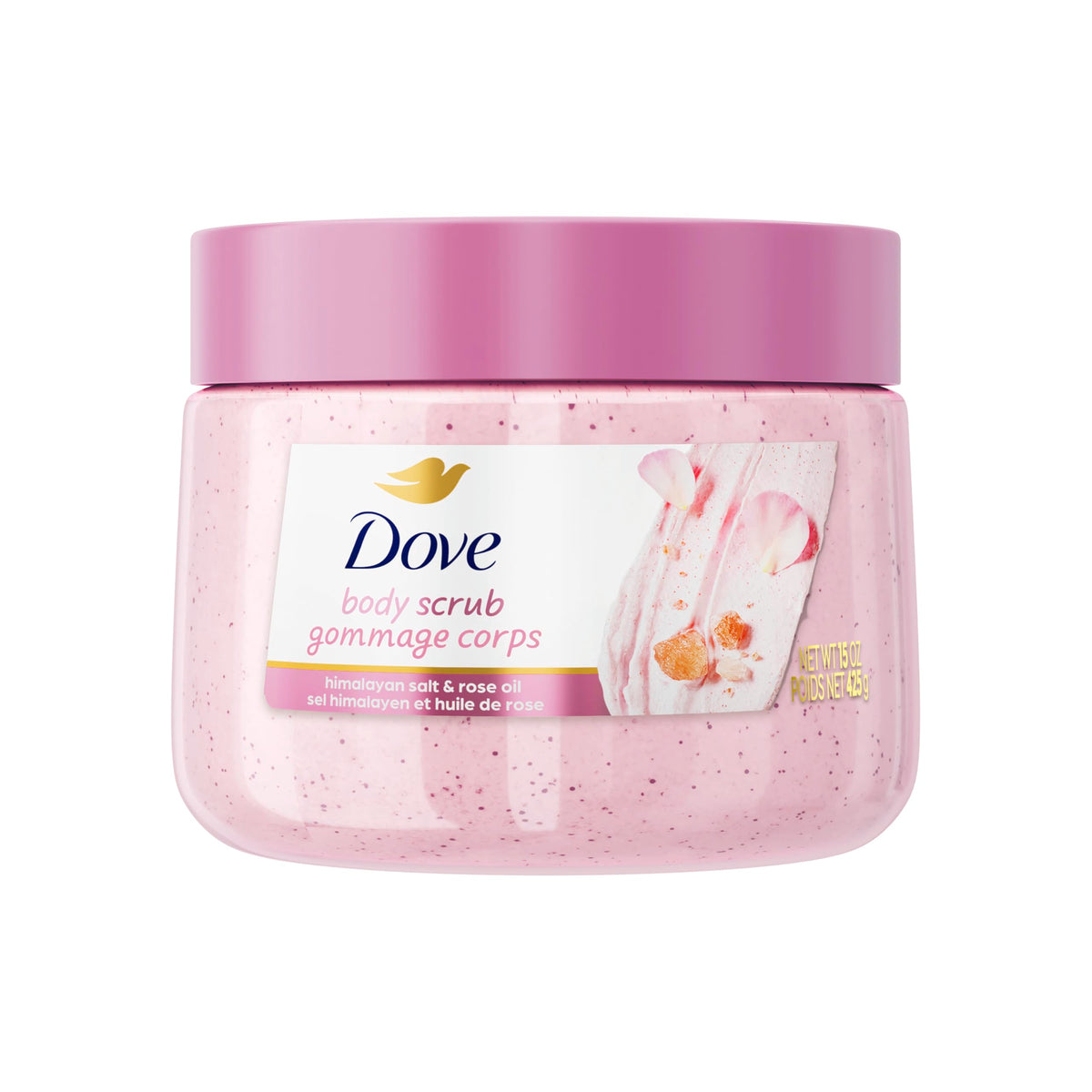 Dove jar front view showing Himalayan Salt & Rose Oil label and benefits
