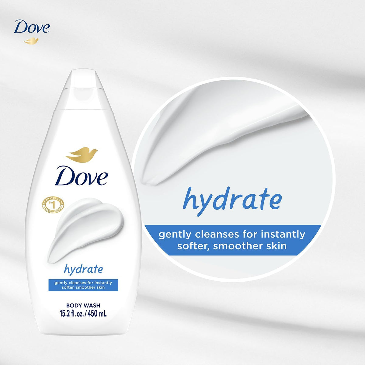 Lifestyle photo of person using Dove Hydrate in shower, leaves skin soft