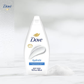 Dove bottle beside a hand and towel showing 15.22 oz size for scale