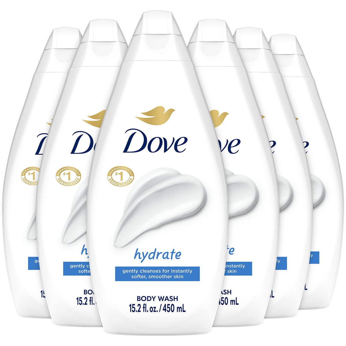 Dove bottle front packaging showing hydrate label and gentle cleanser benefit