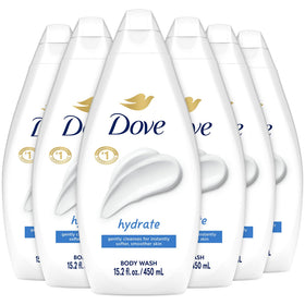 Dove bottle front packaging showing hydrate label and gentle cleanser benefit