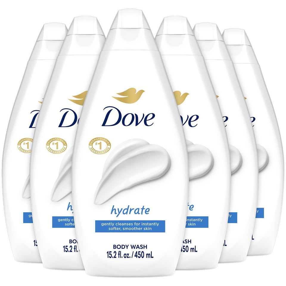 Dove bottle front packaging showing hydrate label and gentle cleanser benefit