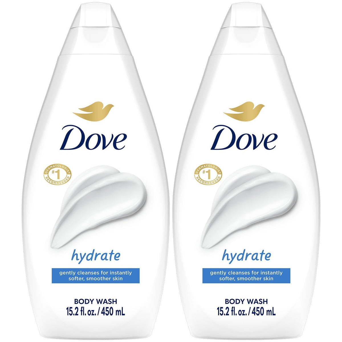 Dove bottle front packaging showing brand and hydrate label, smooth skin benefit