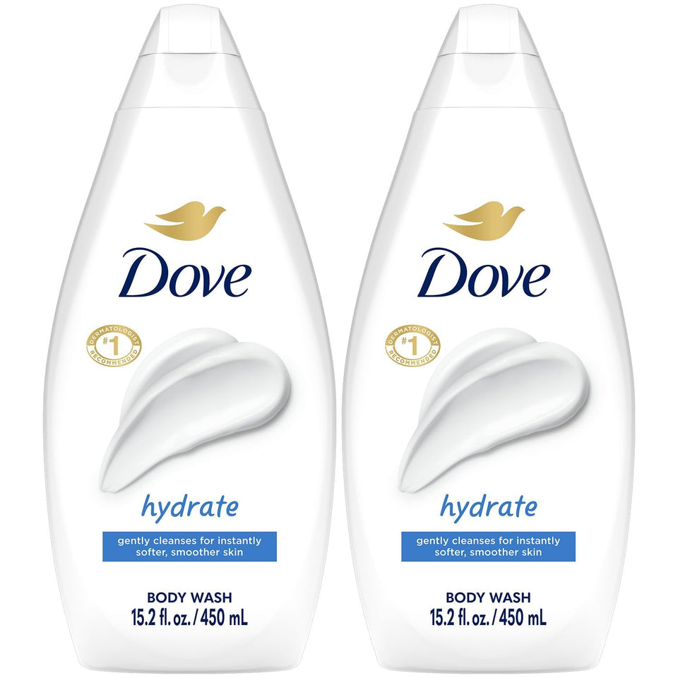 Dove bottle front packaging showing brand and hydrate label, smooth skin benefit