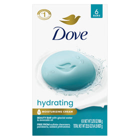Dove hydrating beauty bar front packaging showing six bars and crisp design for moisturizing care