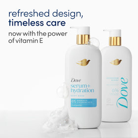Dove Hydration Boost bottle close-up label highlighting 6% serum
