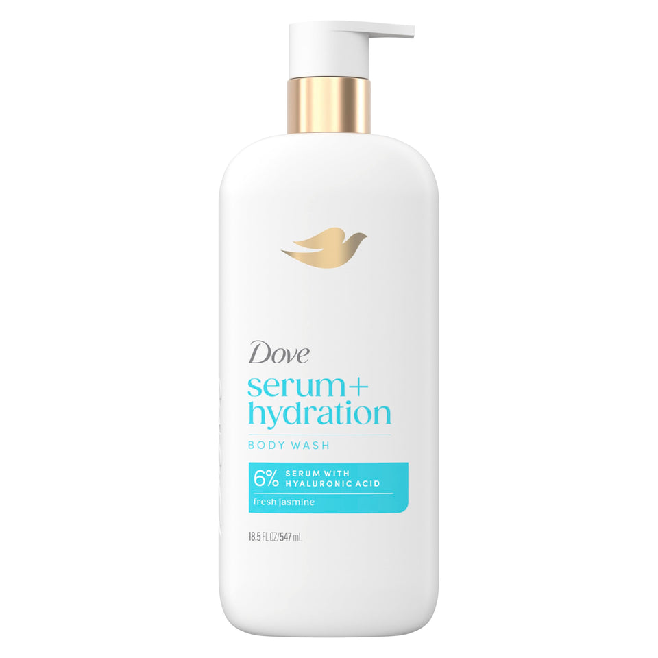 Dove Hydration Boost front packaging showing 18.5 oz bottle and label benefit