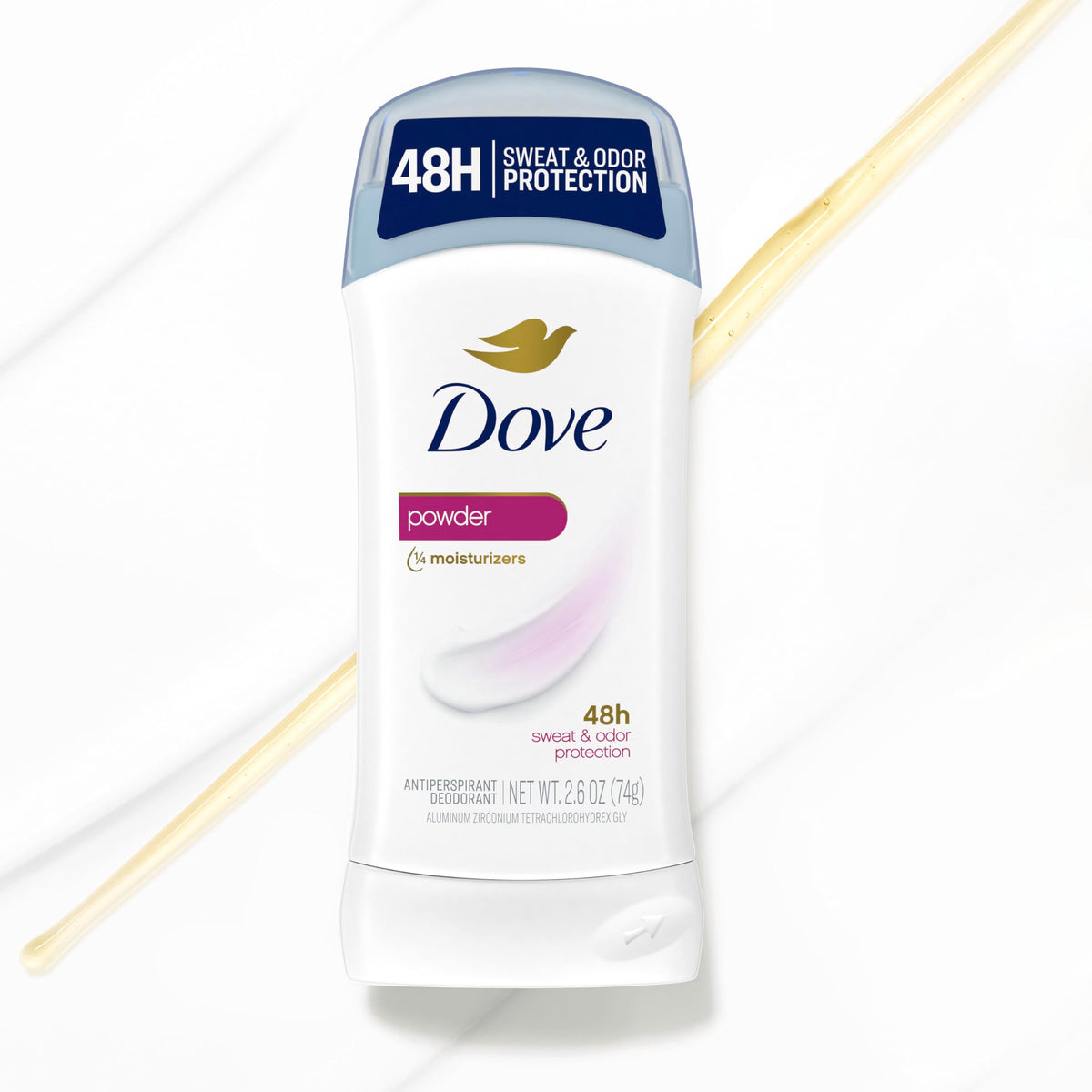 Dove stick on bathroom counter near mirror showing daily routine ease