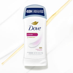 Dove stick on bathroom counter near mirror showing daily routine ease