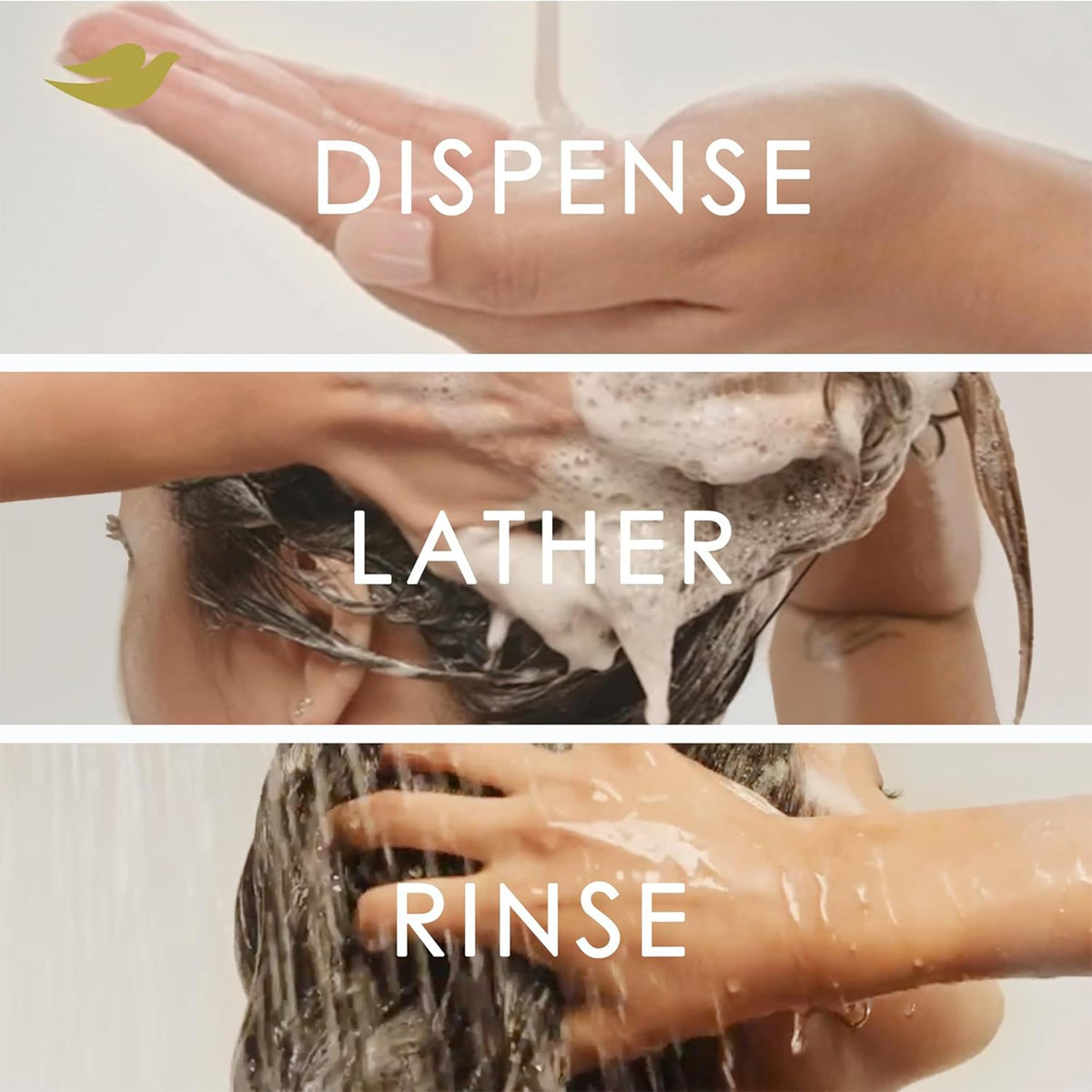 Dove bottles on bathroom shelf showing everyday use and improved manageability