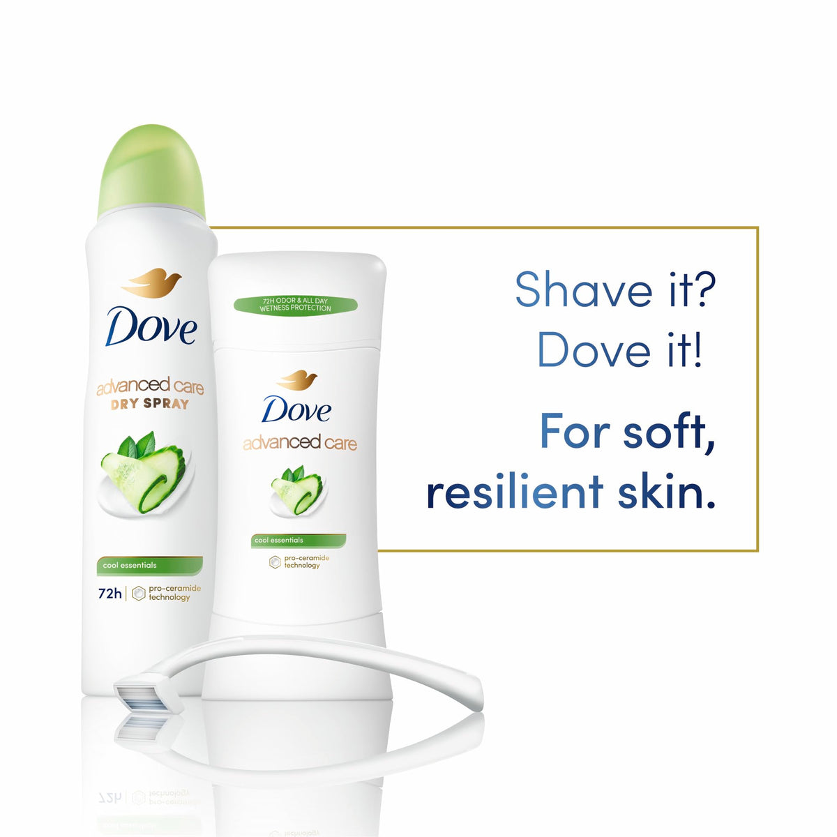 Dove being applied to underarm demonstrating gentle protection after shaving