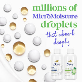 Dove bottle beside glycerin droplet representing nourishing ingredients