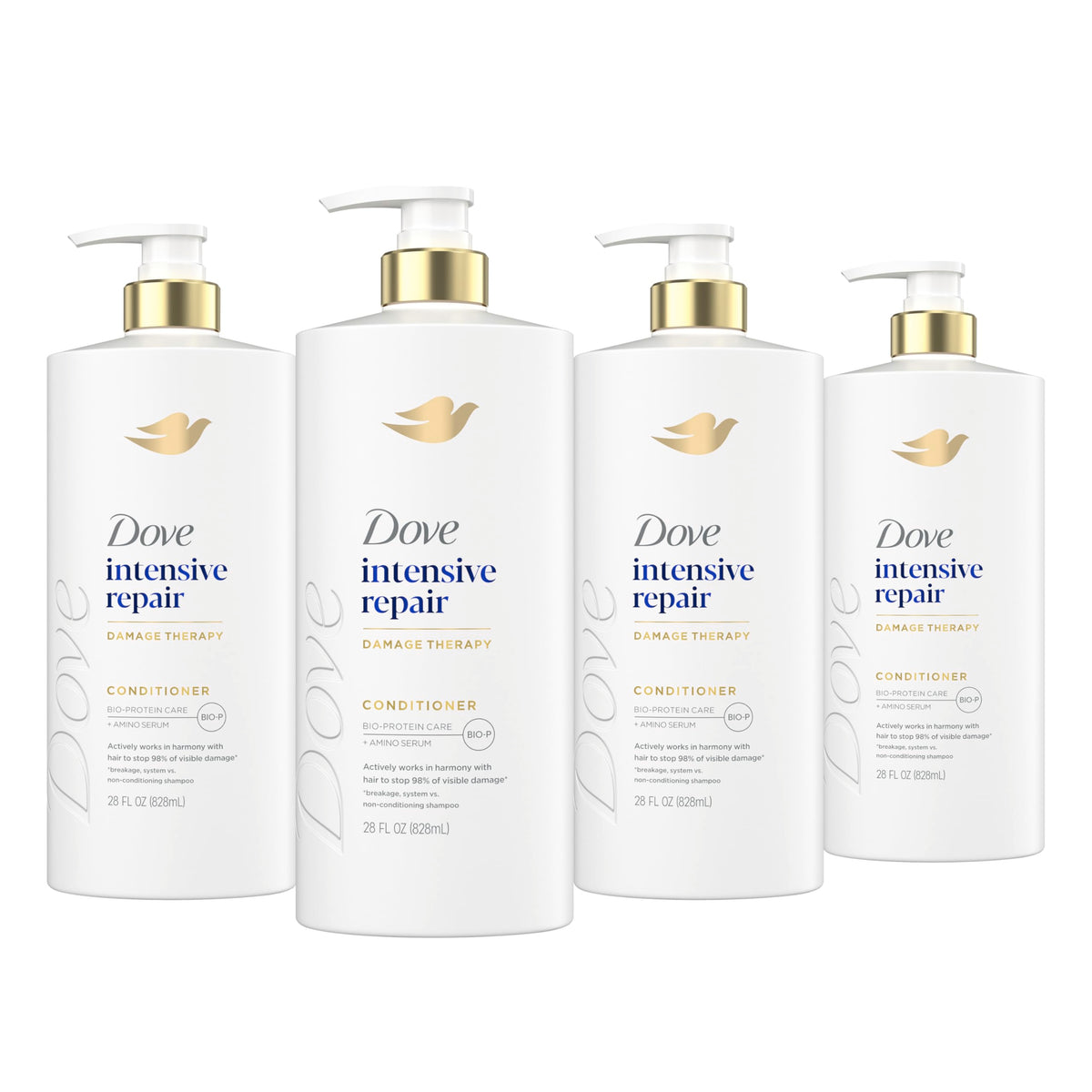 Dove front packaging of Intensive Repair 4-pack showing large bottles and brand