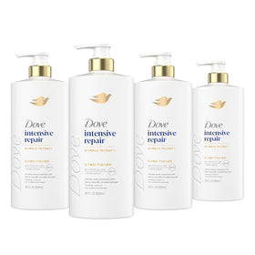 Dove front packaging of Intensive Repair 4-pack showing large bottles and brand