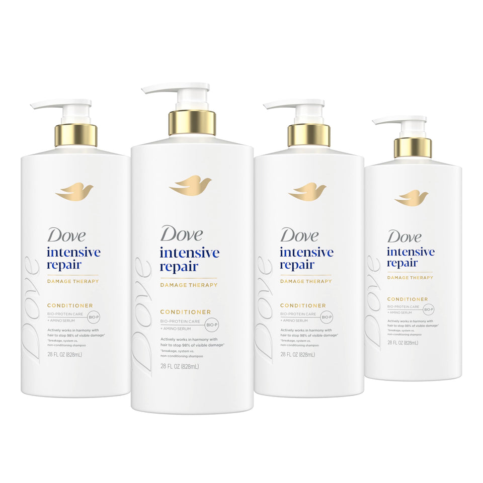 Dove front packaging of Intensive Repair 4-pack showing large bottles and brand