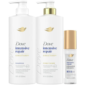 Dove bottle front packaging showing intensive repair benefits and easy recognition
