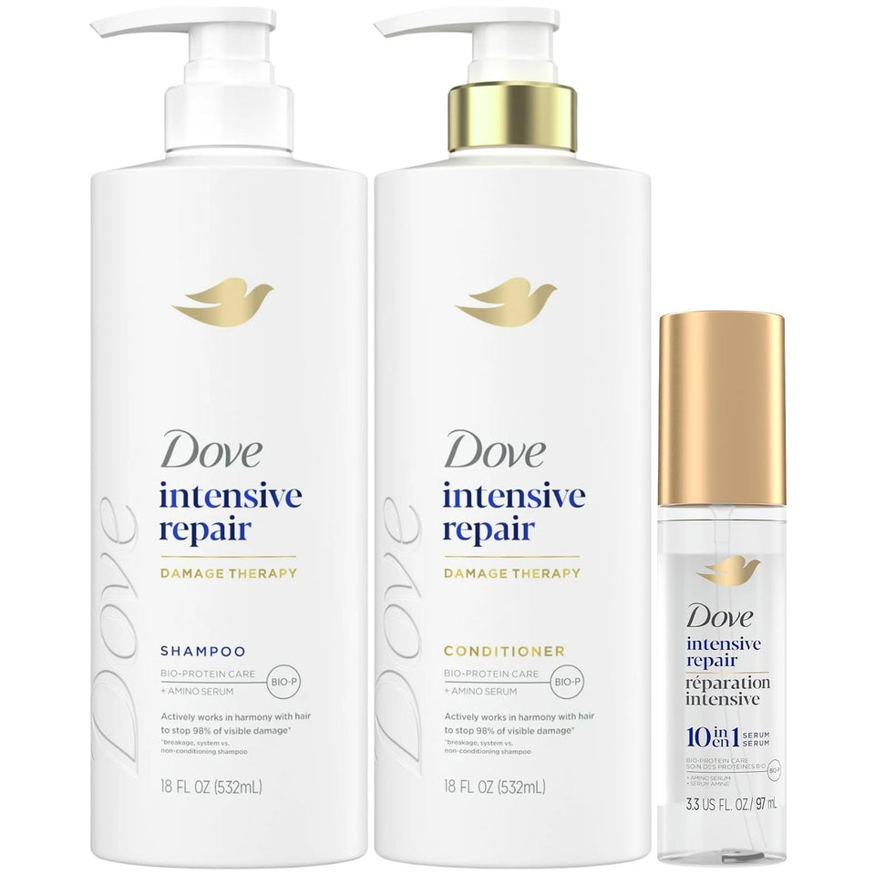 Dove bottle front packaging showing intensive repair benefits and easy recognition